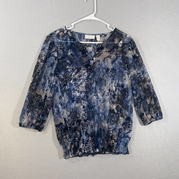 Chicos Blouse Womens 0 Black Blue Animal Print 3/4 Sleeve Sheer Buttons Fitted - Picture 1 of 14